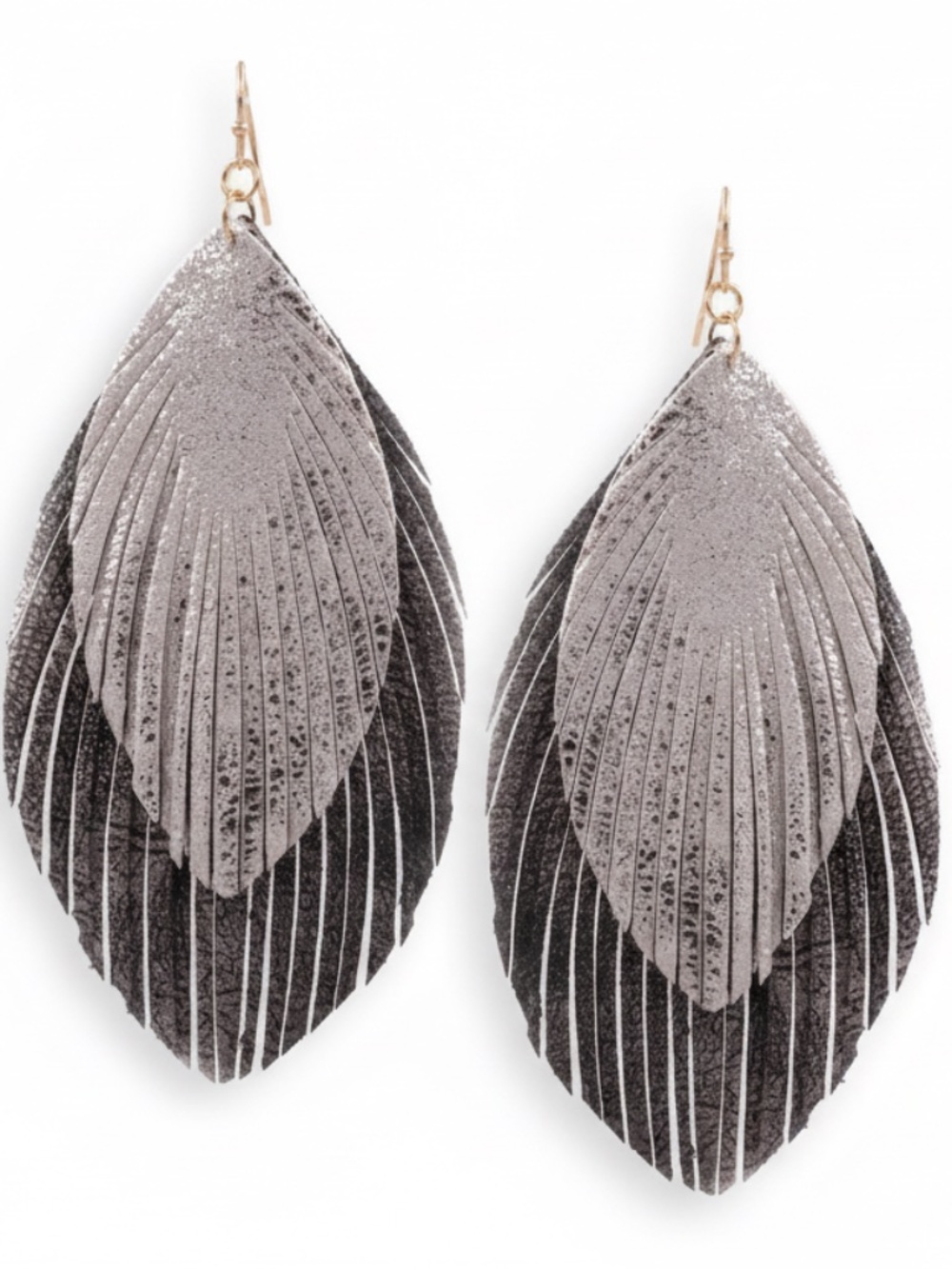 Womens Feather Earrings Black Gray Leather Fringe Earring